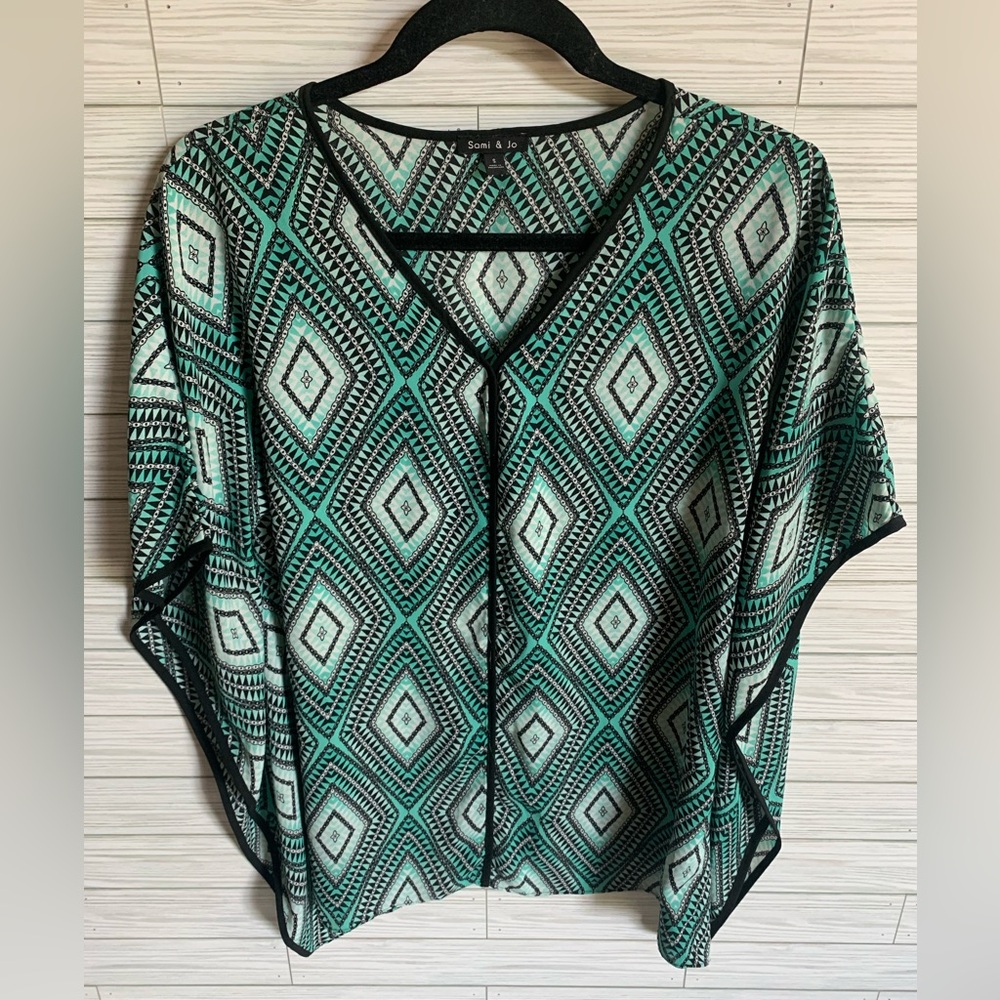 Sami & Jo Teal Geometric Diamond-Print Tunic with Black Trim